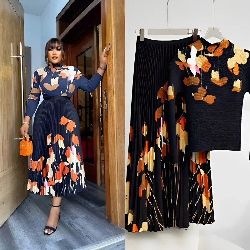 Miyake Pleated Corn Grain Top with Plant Print Long Sleeved Skirt Set Twopiece Womens Clothing 250106