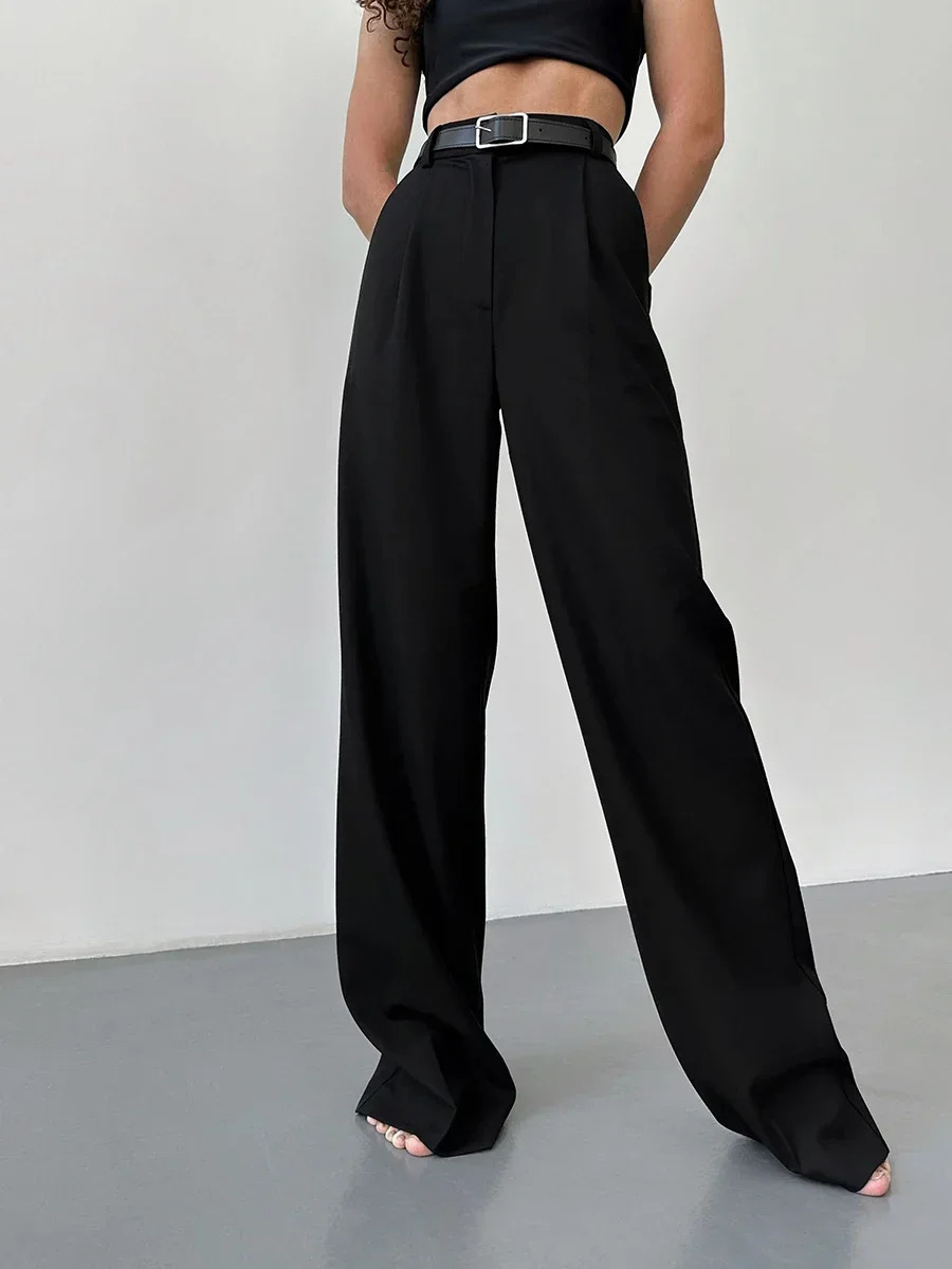 Bornladies Autumn Office Ladies Trousers Women High Waist Pants Pockets Female Summer Pleated Wide Leg Solid OL 250108