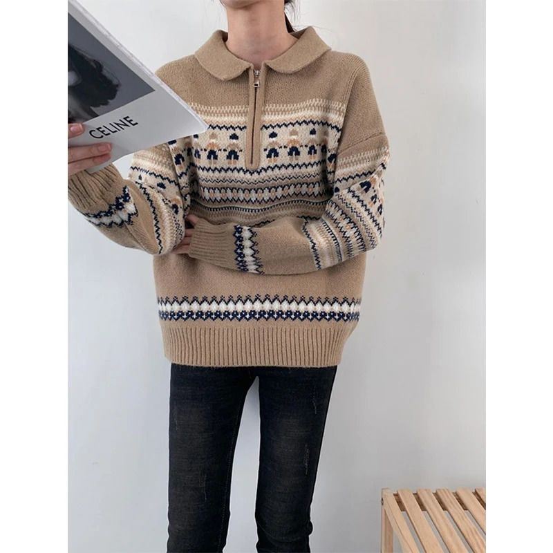 Vintage Print Sweater Women Christmas Red Knitted Pullovers Korean Half Zipper Long Sleeve Knitwear Fall Winter Casual Jumpers 250108