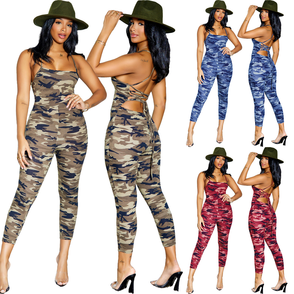 Women's casual cotton sexy lace up backless camouflage camisole jumpsuit
