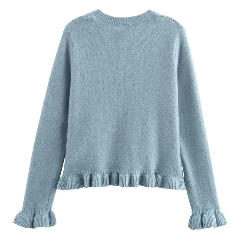 Woman Ruffled Crop Cardigan Autumn Blue Grey Knitwear Womens Sweater Ruched Long Sleeve Outwear Korean Style Cardigan 250106