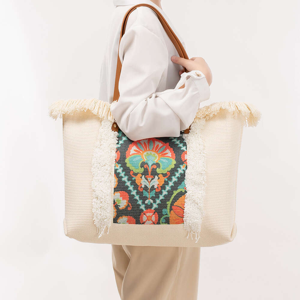 Canvas Large Capacity Women's Tote Bag, Four Sided Tassel Handbag, Niche Design, Ethnic Style Shoulder Bag