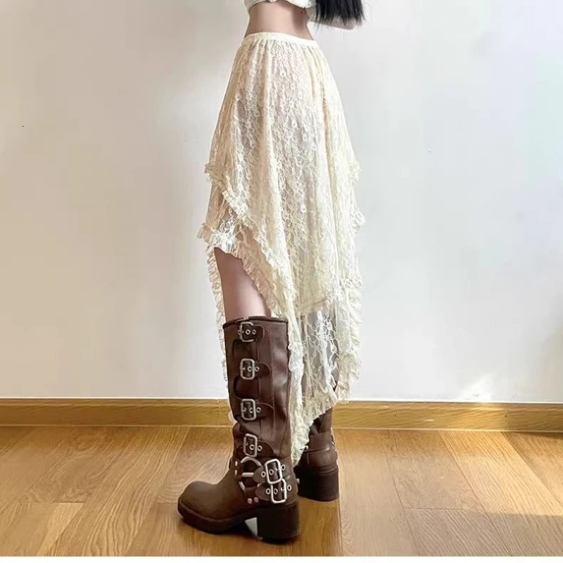 Chic Irregular Aline Skirts Fashion Holiday for Women Vintage Ruffles Floral Kintted Lace Streetwear Faldas Mujer 250106