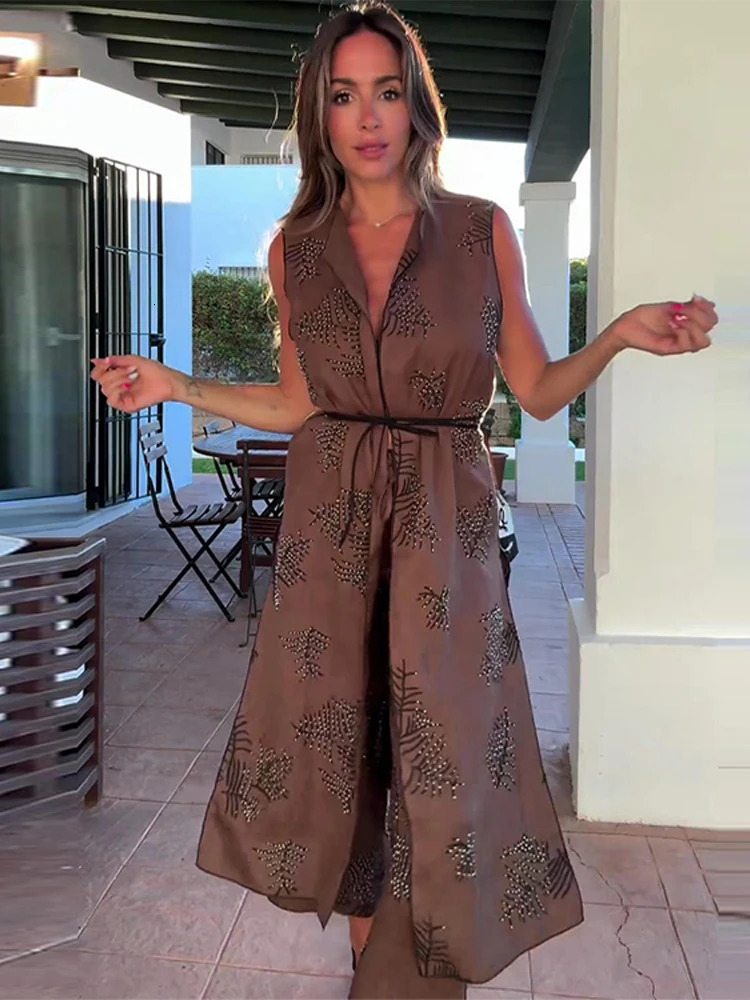Beaded Embroidery Long Vests Pants Sets Women Sleeveless Glitter Split Tank Tops Wide Leg Trousers Suits Female Outfits Lined 250109