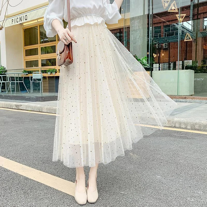 Spring Summer High Waist Elegant Sequins Mesh Skirt Ladies Temperament Allmatch Fairy Ankle Length Aline Skirts Female Clothes 250106