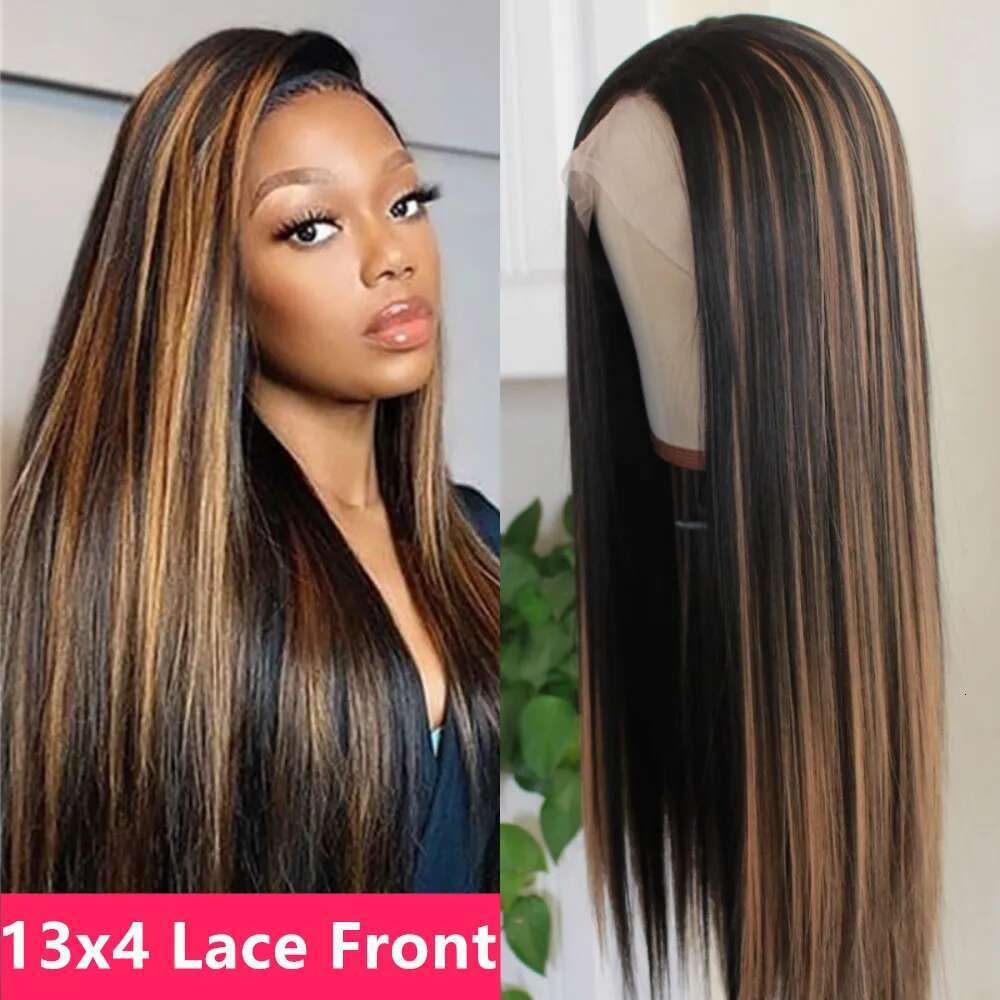 Highlight Honey Blonde Straight Synthetic Lace Front For Women Pre Plucked Transparent Colored Wig 13X4