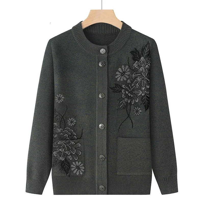 Korean Womens Clothes Knit Woolen Printed Cardigan Coat Middle Aged Mother Knitwear Tops Vintage Grandma Sweater Jacket 250108