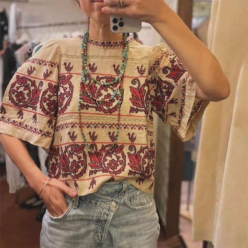 Women 2024 Early Autumn New Cross- Classical Pattern Round Neck Drawstring Waist Pullover