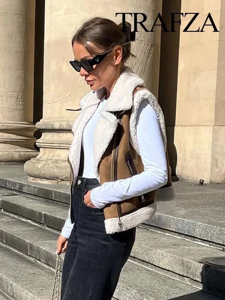 TRAFZA 2024 Winter Fashion Thickened Warm Zipper Jacket Imitation Leather Lamb Wool Patchwork Women's Slim Vest Y2k