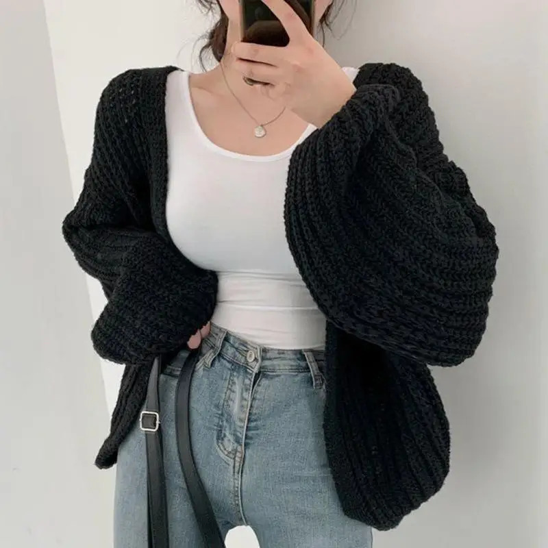 Women Knitted Cardigan Long Sleeve Sweater Jacket V-neck Oversized Loose Casual Balloon Sleeves Harajuku Cropped Cardigan 250106
