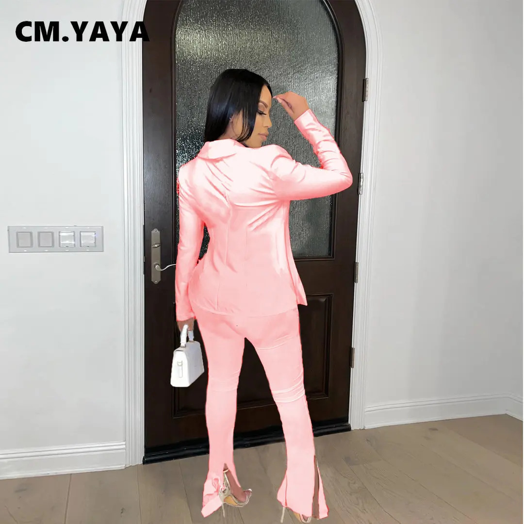 CMYAYA Elegant Women Two 2 Piece Set Outfits One Button Blazer Top and Mesh Patchwork Slit Flare Pants Suit Street Tracksuit 250106