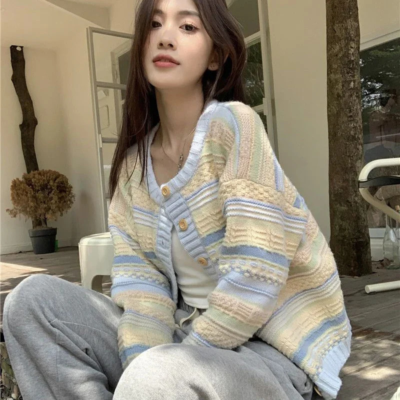 Rimocy Sweet Mixed Color Round Neck Cardiagns Women Korean Single Breasted Knitted Cardigan Woman Chic Long Sleeve Knitwear 250108