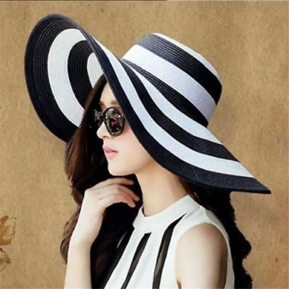 60% decrease!! Wen Fashion Striped Wide Brown Cork Straw Hat Foldable Summer Beach Sunshine C X250109