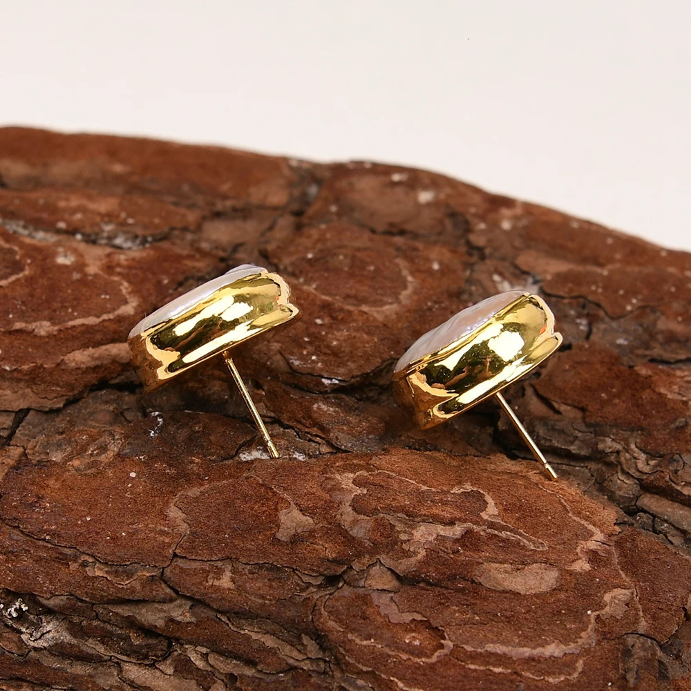 G-G Natural Culture White Coin Pearl Big Casey Pearl Stud Earrings Gold Plated Classic Earrings Wedding Jewelry Gifts 250109