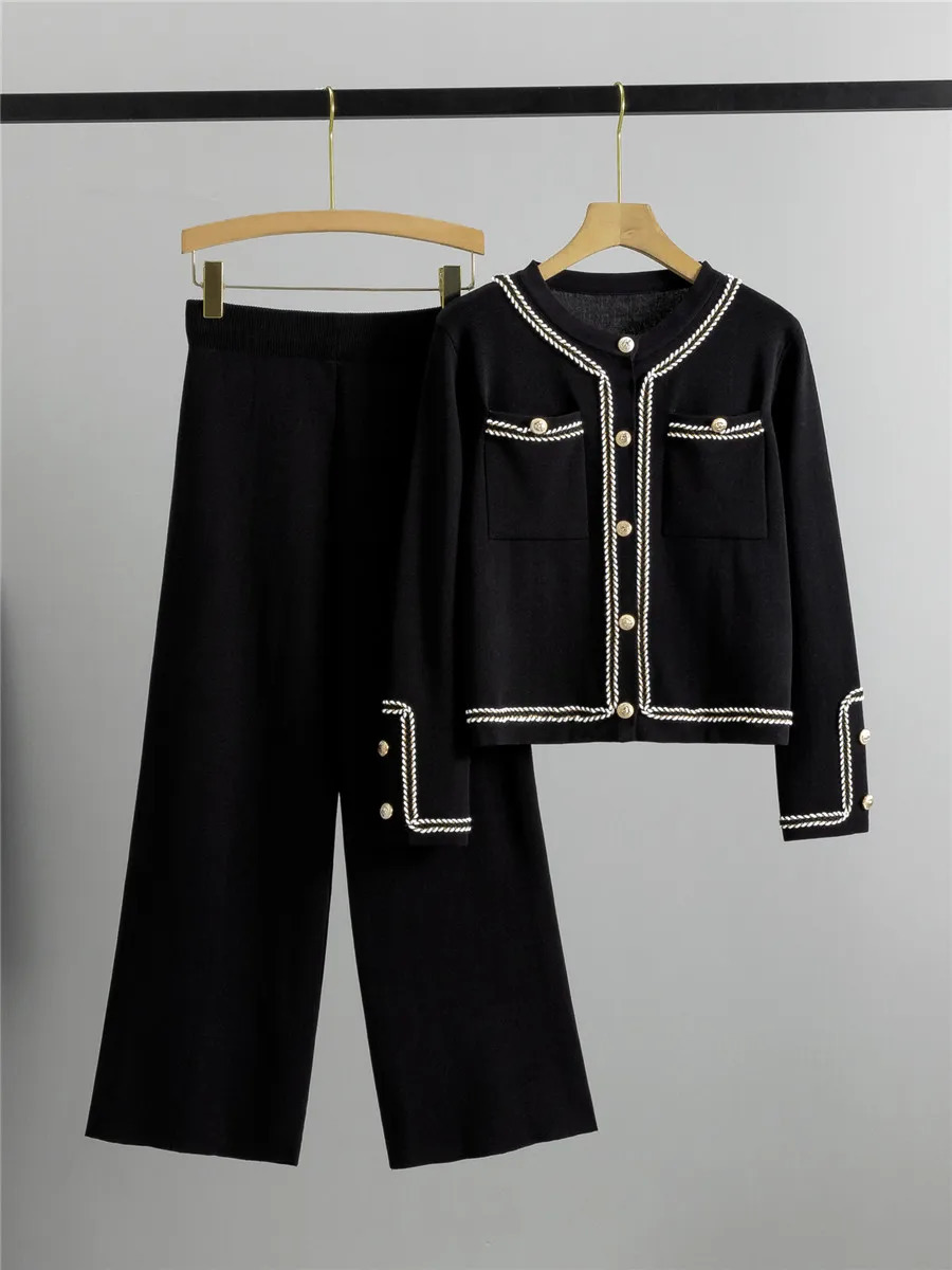 Women Casual Knitted 2 Pieces Sets Korean Cropped Knitwear Sweater Cardigan Tops Conjuntos High Waist Ankle Length Pants Suits 250106