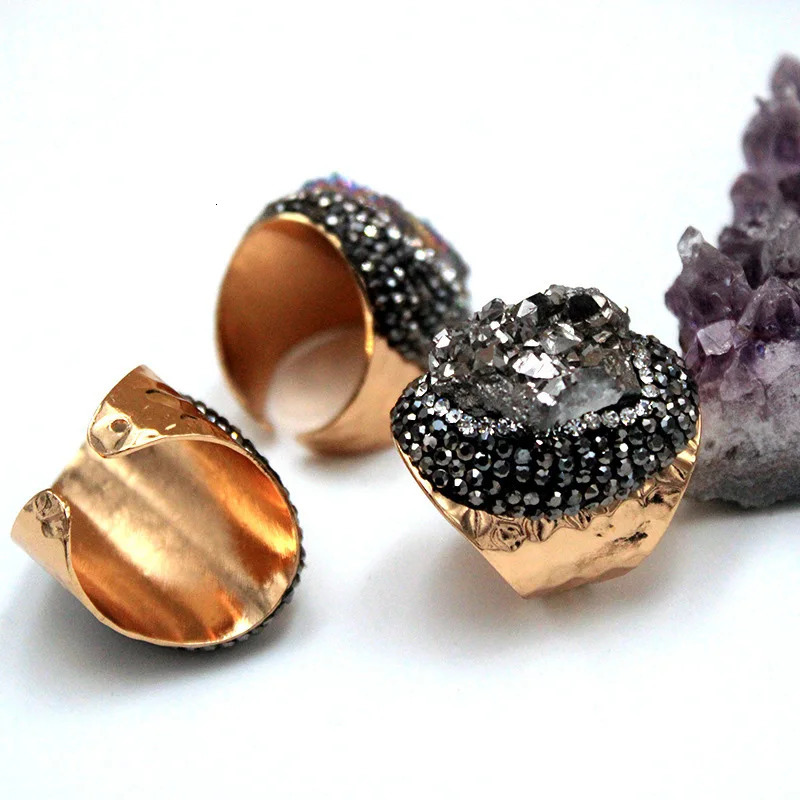 Natural Cluster Druzy Ring Shiny Color Women Adjustable Open Ring Punk Style Wide Size Orginal Stone 250106