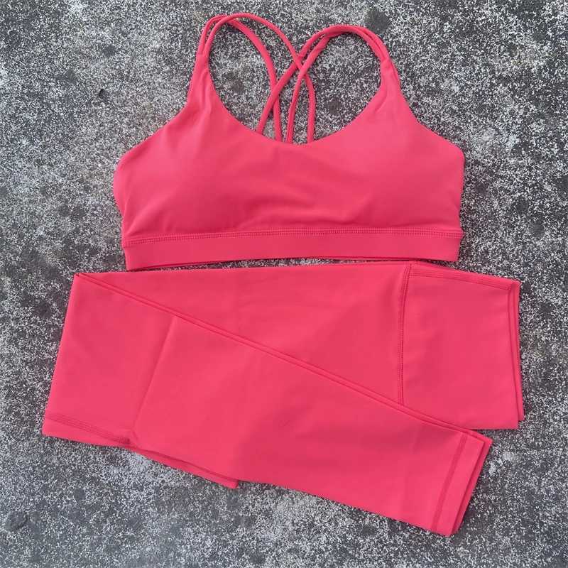 Solid color High waist Yoga Leggings 2pc Gym Yoga Set Women cross Back Shoulder Straps fitness Bra Top +Athletic Tight TracksuitXJ250109
