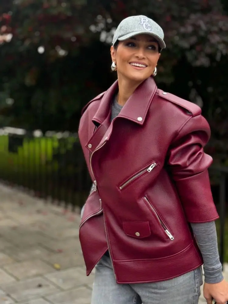Vintage Wine Red Irregular Zipper Pu Leather Jacket For Women Fashion Lapel Buttons Long Sleeve Coat Female Street Outwear 250103