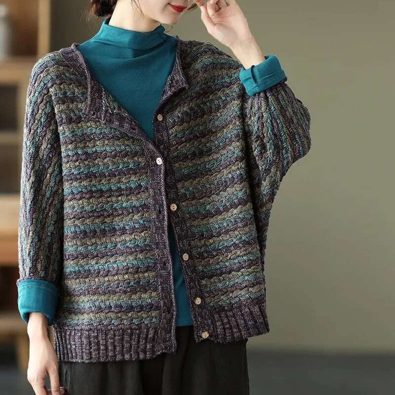 Johnature Women Vintage Striped Cardigan O-Neck Bat Sleeve Loose Autumn Coats 2024 New Cotton Knitted Sweaters