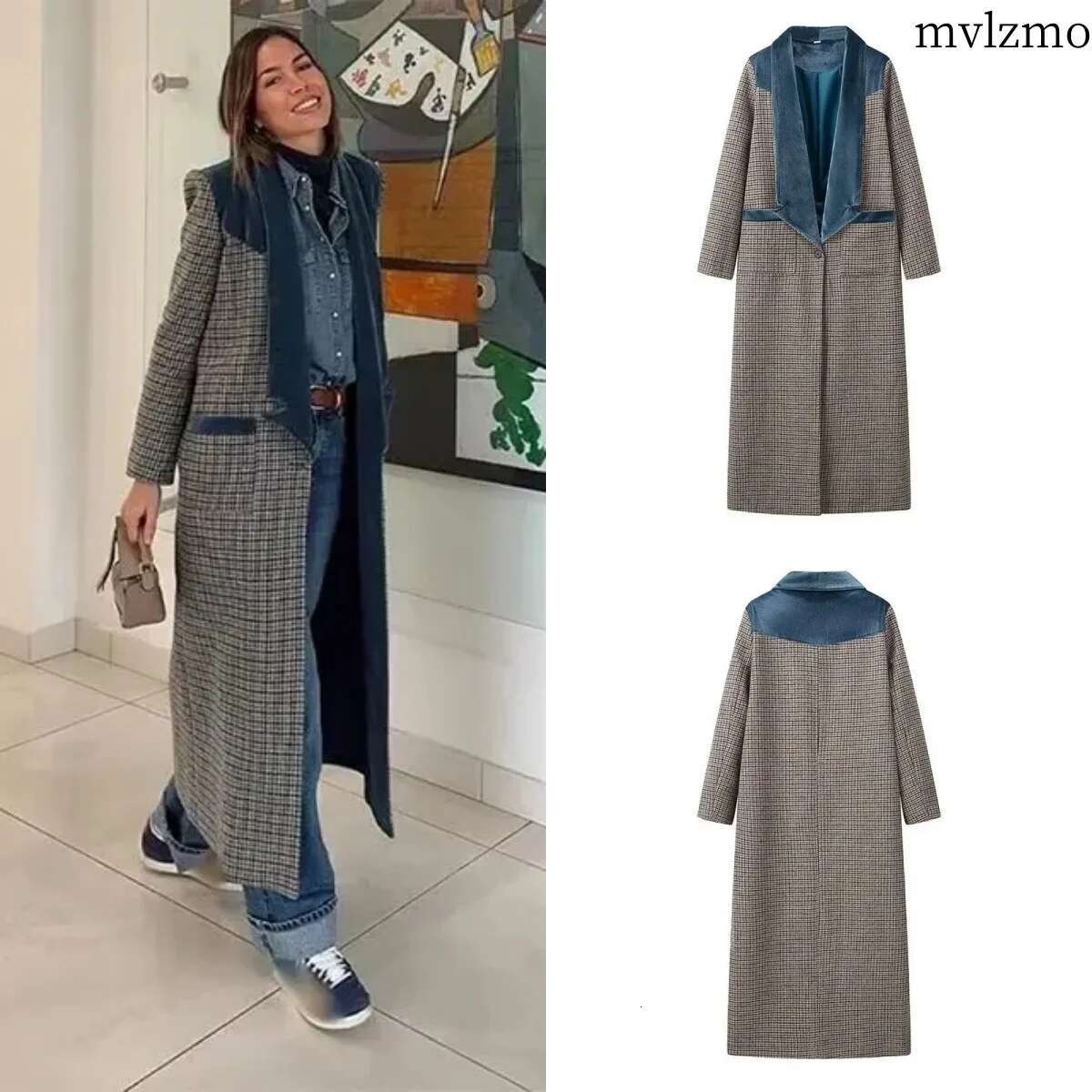Plus Size Women's Clothing Autumn Winter Woolen Long With Blue Veet Ing On The Shoulders And Collar Coat