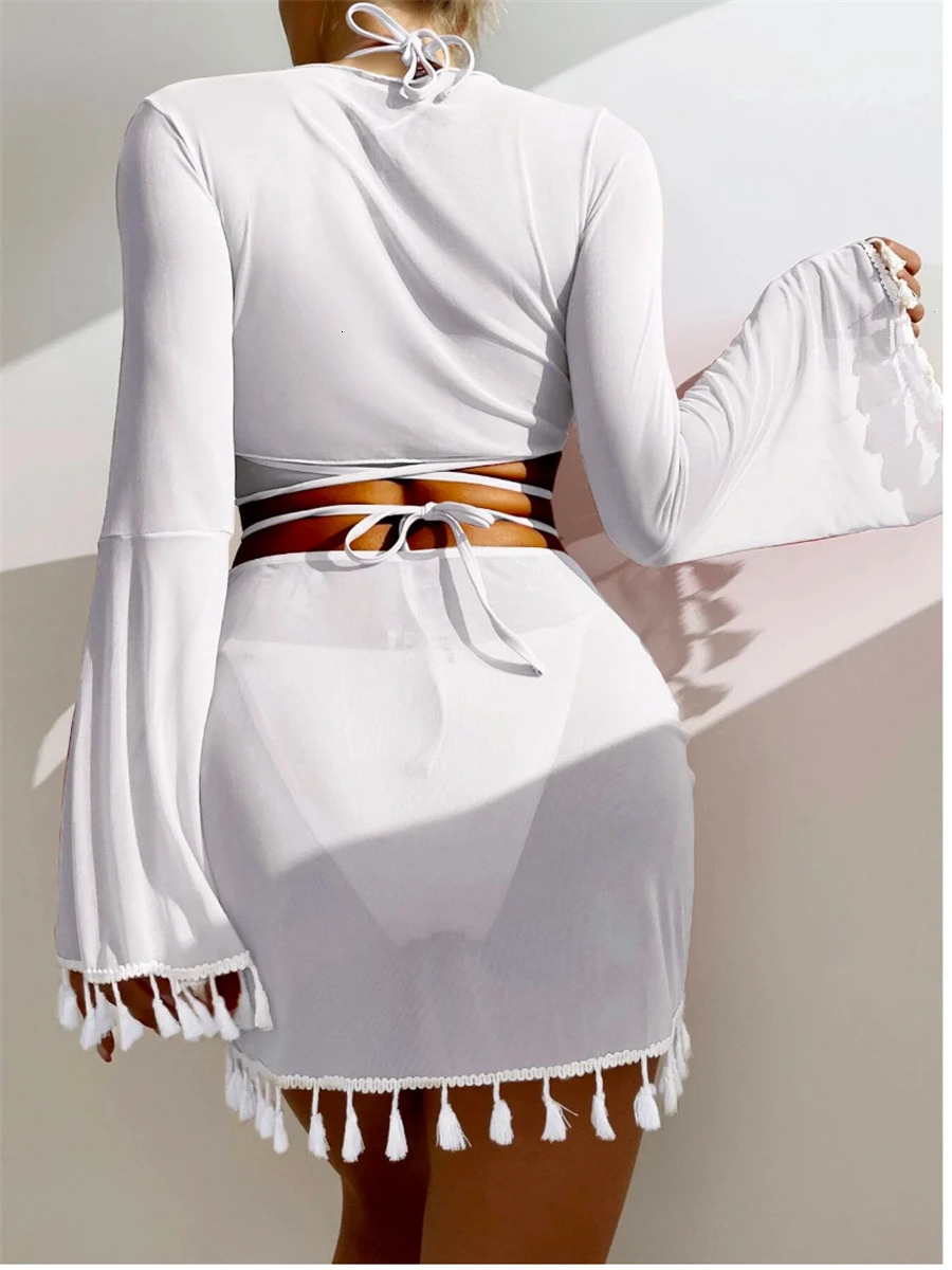 Sexy 4 Pieces Halter Bikinis Women Solid Swimwear Female Cover Up Swimsuit Long Sleeve And Skirt Bathing Suit Beachwear Summer250107