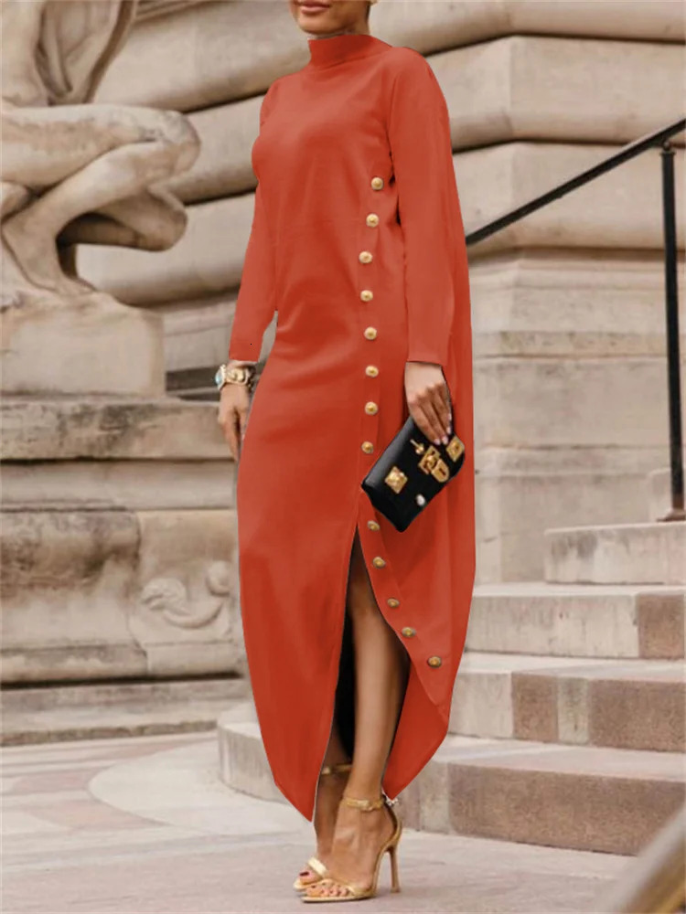 UOOZEE Women Shawl Collar SplitSide Buttoned Party Evening Maxi Dresses Long Sleeves Solid Color Urban Casual Dress 250106