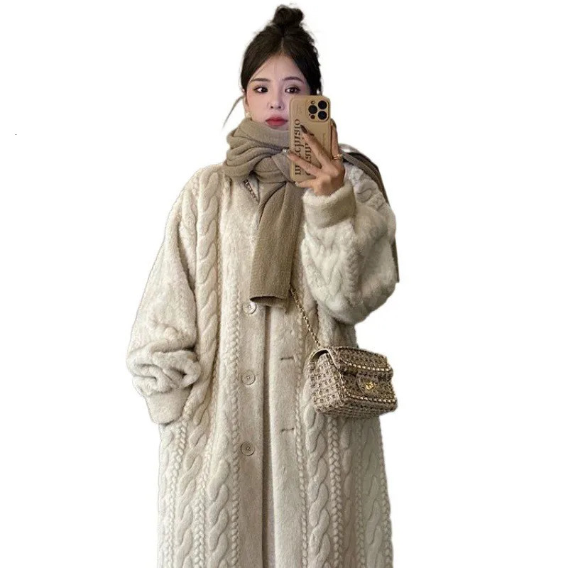 Women Sweaters Long Sleeve V Neck Solid Thick Jumpers Button High Street Cardigan Knit Pocket Slight Strech Patchwork Regular 250106
