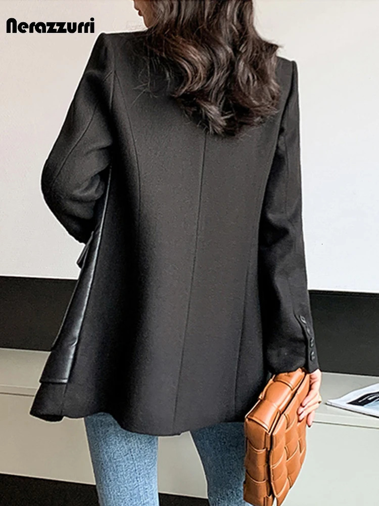 Nerazzurri Autumn Black Wool Blends Patchwork Leather Jacket Women with Many Pockets Long Sleeve Korean Fashion Streetwear 250103
