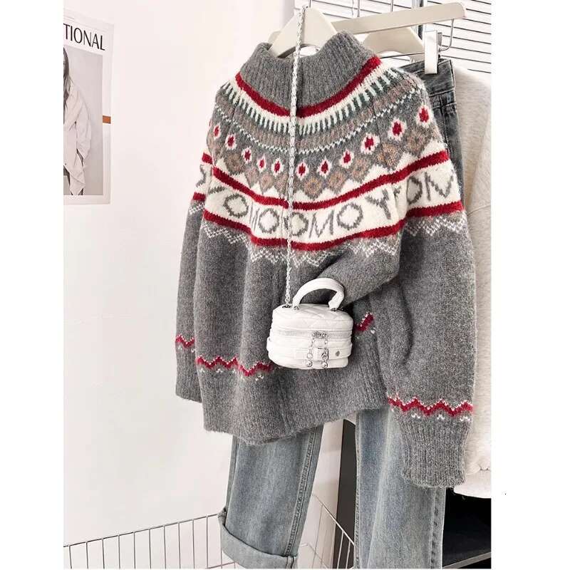 Fair Isle Style Semi-Turtleneck Sweater Knitted Cardigan Women's 2024 Autumn New Winter Thickened Loose Zipper Long-Sleeved Top