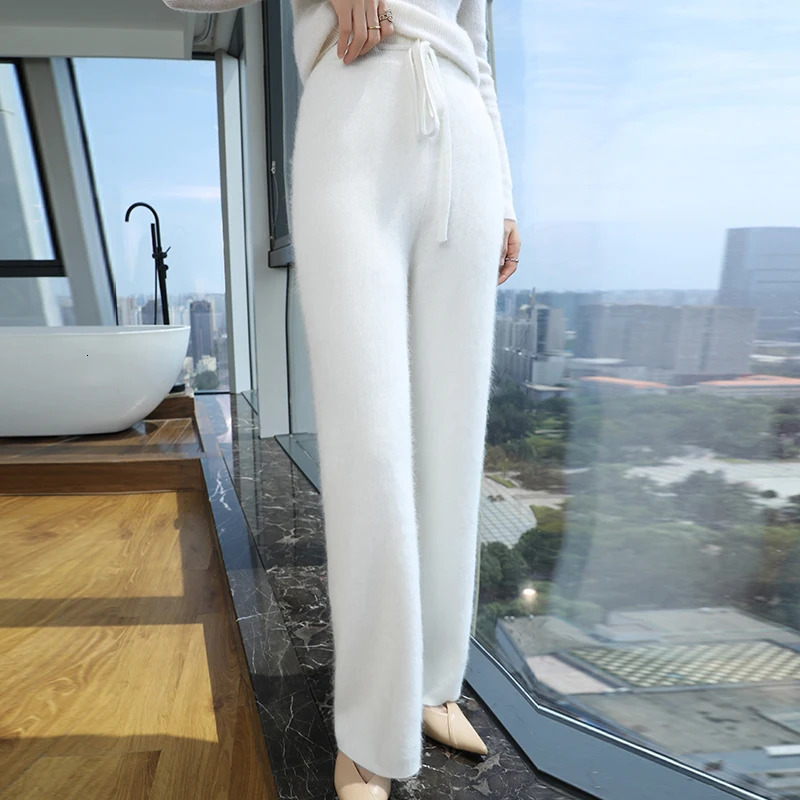 AutumnWinter Mink Cashmere Wide Leg Pants for Women Thickened Warm Loose High Waist Strap up Vertical Casual 250108