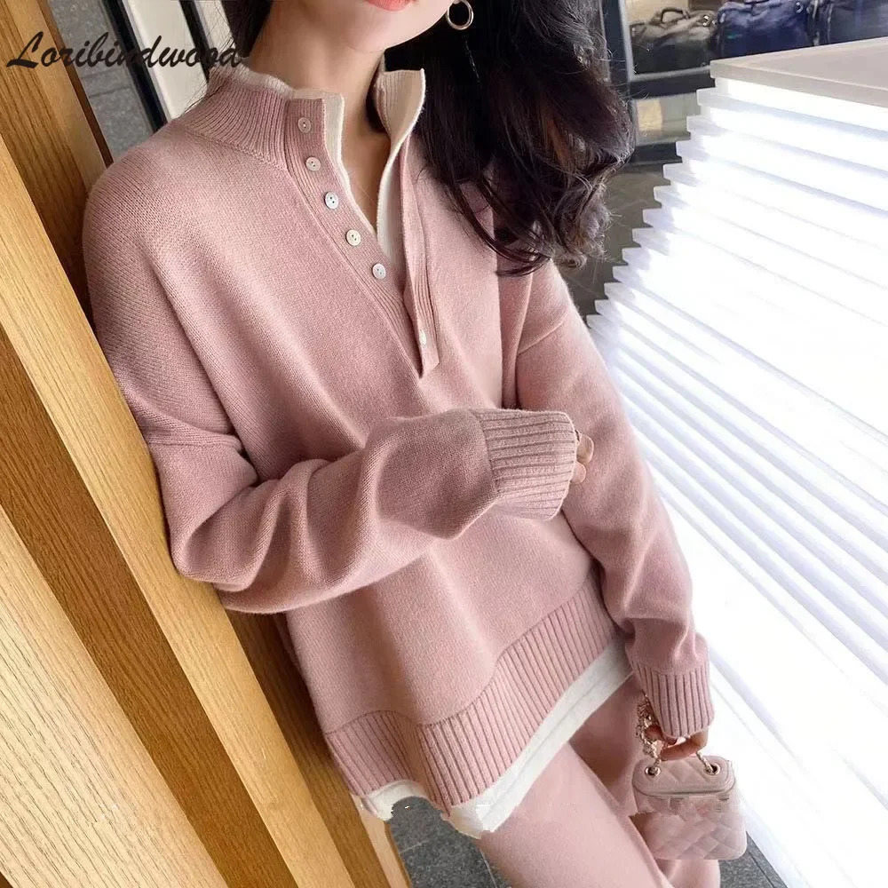 Vintage Chic Style Knitted Sportswear TwoPiece Suit Autumn And Winter Fashion Loose Sweater WideLeg Pants Sets 250106