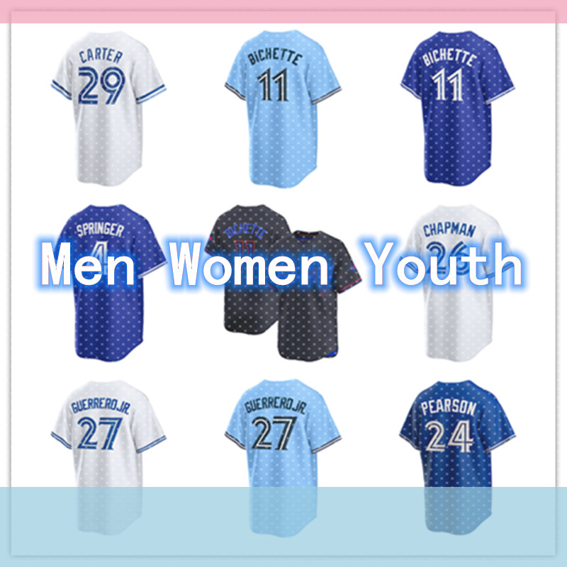 Torontos Custom Blue Jays Baseball Jersey 29 Joe Carter 27 Vladimir Guerrero Jr. 11 Bo Bichette 4 George Springer 30 Alejandro Kirk 34 Kevin Gausman 25 Daulton