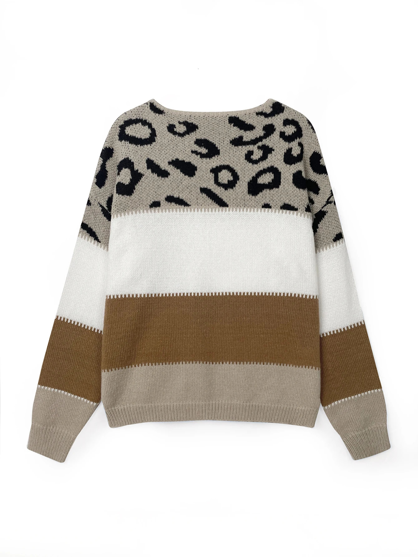 Leopard Print Color Blocked Round Neck Sweater Autumn And Winter Womens Knitted Pullover Long Sleeved Base Shirt 250108