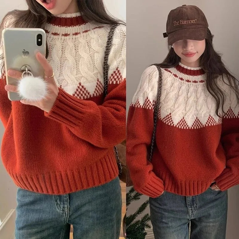 Women Autumn Winter Korean Fashion Patchwork Color Blocking Oneck Clothing Retro Pullover Sweater Long Sleeve Top 250108