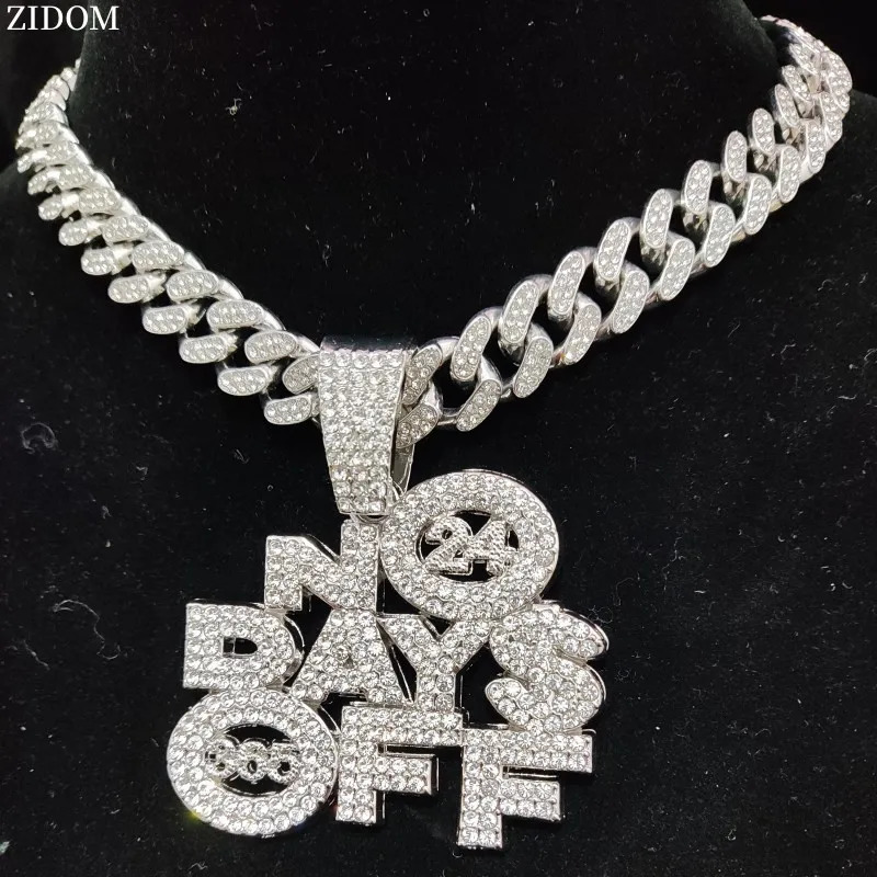 Men Women Hip Hop NO DAYS OFF Pendant Necklace with 13mm Cuban Chain HipHop Iced Out Bling Necklaces Fashion Charm Jewelry 250109
