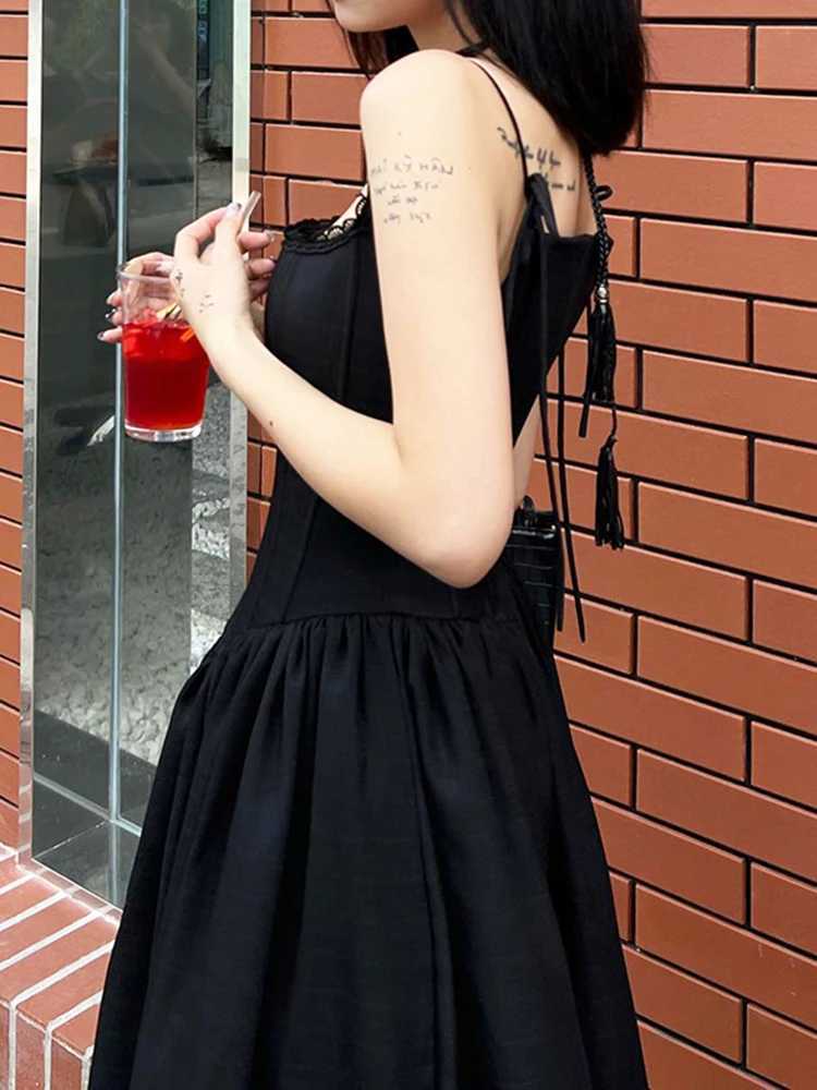 SUCHCUTE Korean Black Maxi Dress Womens Gothic Aesthetics Tight Sleeveless Party Dress Retro Street Clothing Club Dress 90s Summer M250109