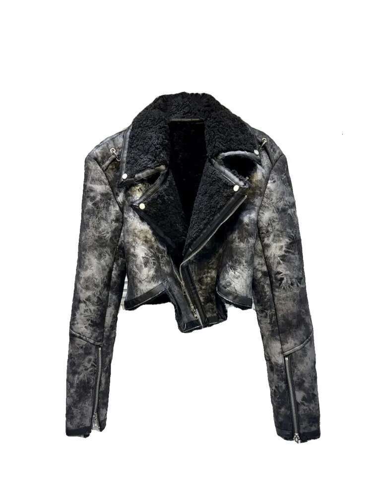 DEAT Vintage Women's Tie Dye Fur Turn-Down Collar PU Leather Coat 2024 Winter Fashion Long Sleeves Zipper Jacket Female 11Xx6973