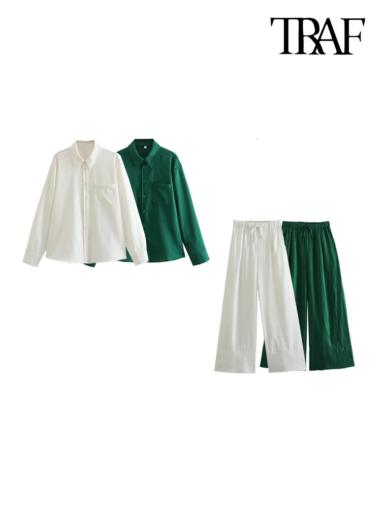 TRAF Women Fashion With Pocket Loose Linen Shirts And High Elastic Waist Wide Leg Pants Female Two Piece Sets Mujer 250106