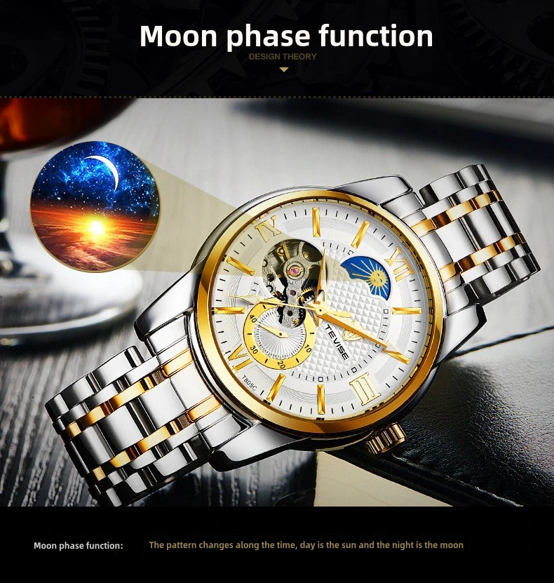 TEVISE Mens Automatic Mechanical Business Watch with Stainless Steel Strap Moonwatch Phase and Waterproof Function T046-T805C