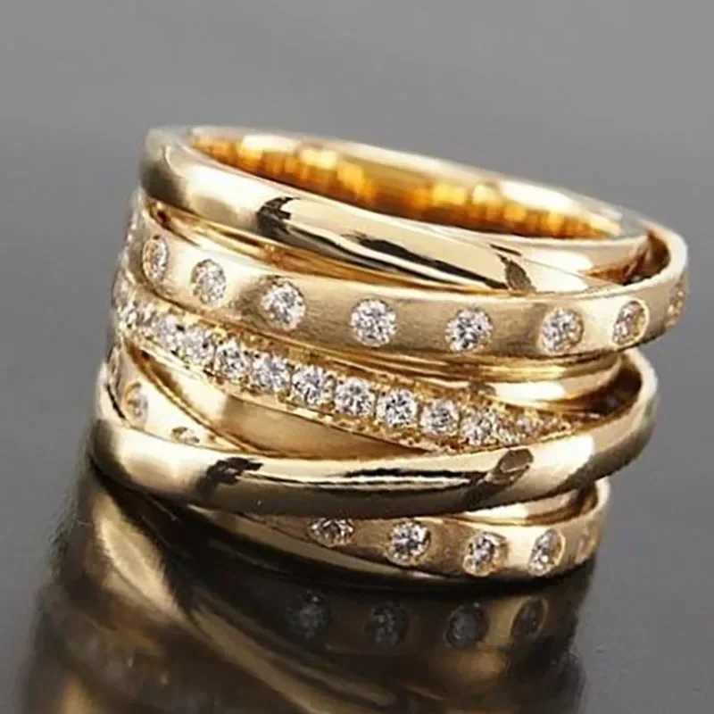 Popular gold multi-layer winding inlaid crystal rhinestone zircon womens metal ring W250109