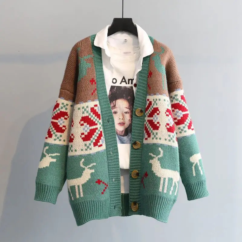 Autumn Winter Y2k Jacquard Chic Button Warm Knitted Cardigan Women Clothing Fashion Vintage Loose Thick Sweaters 250108