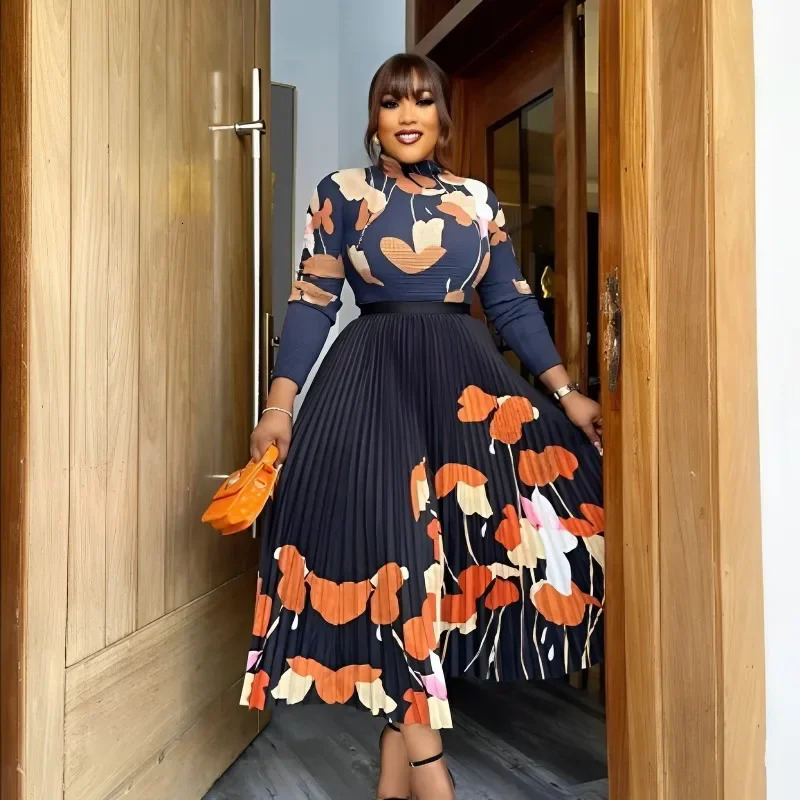 Miyake Pleated Corn Grain Top with Plant Print Long Sleeved Skirt Set Twopiece Womens Clothing 250106