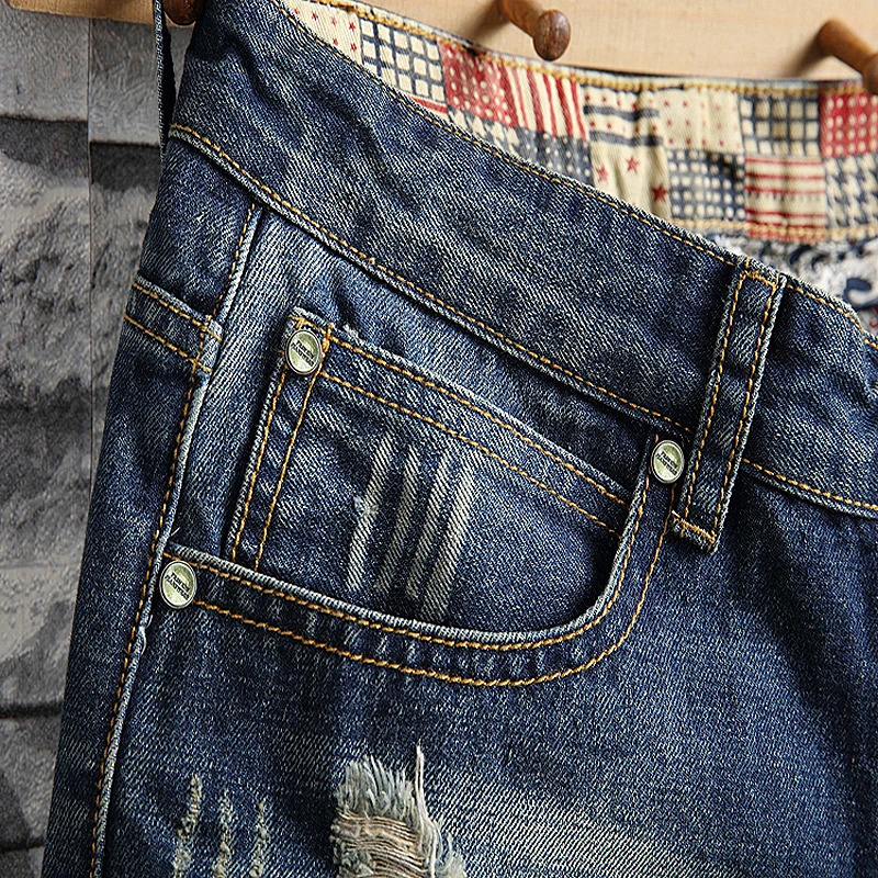 Summer Mens Retro Split Short Jeans Street Wear Worn Hole Slim Fit denim shorts Beggar Trendy Middle Pants Blue 250108