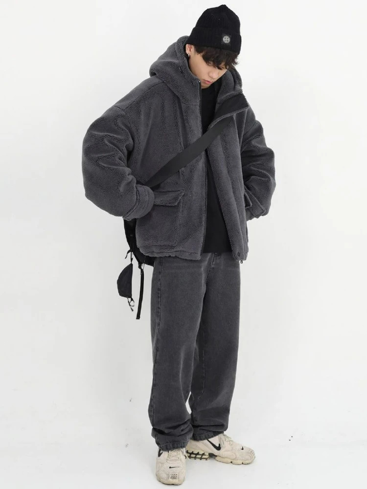 Gmiixder Winter Fur Coat Oversize Cashmere Mens Zipper Up Dark Gray Unisex Hip Hop Hooded Plush Padded Jacket 250107