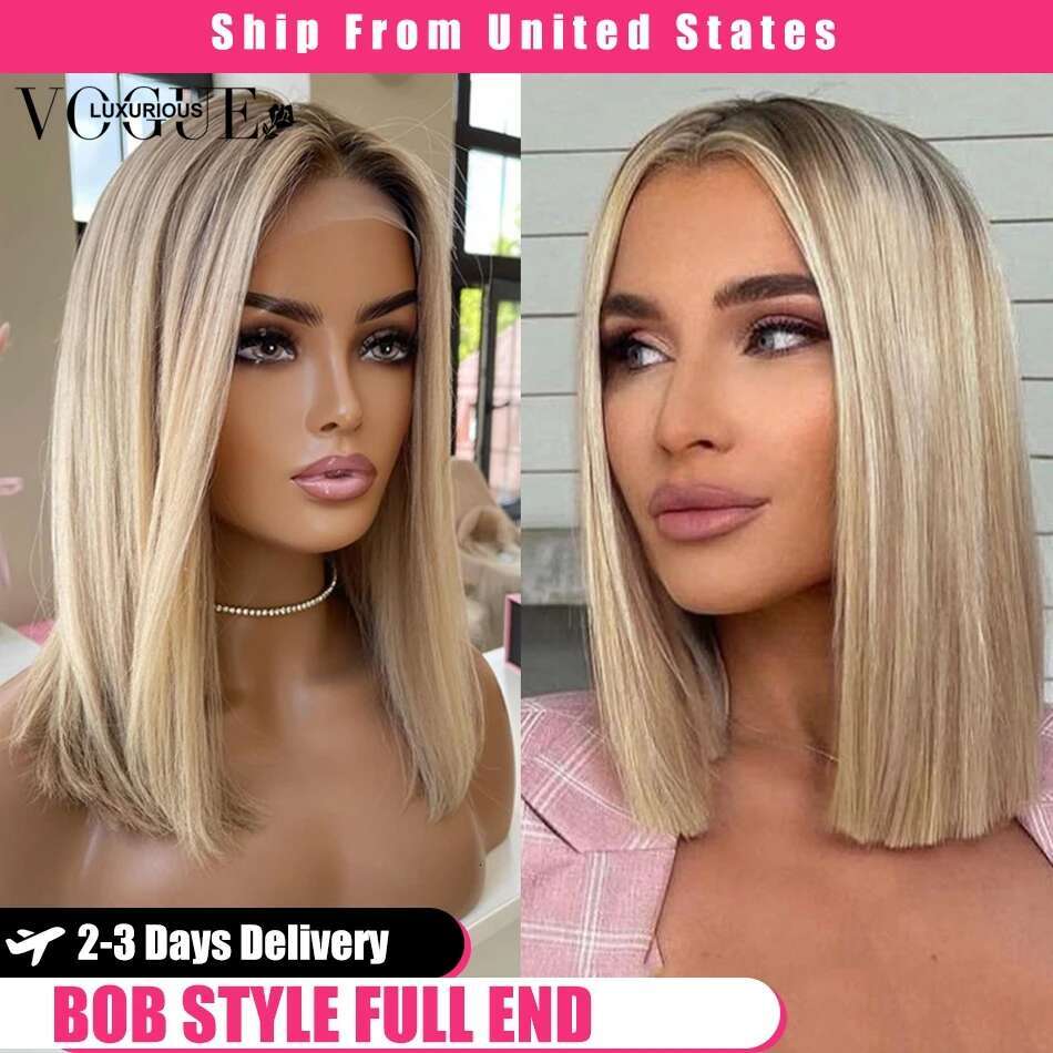 Frosted Wheat Blonde Short Bob 13x4 Lace Front Wig Brazilian Remy Human Hair Pre Plucked Ombre Ash e Cut 13x6 Frontal Wigs