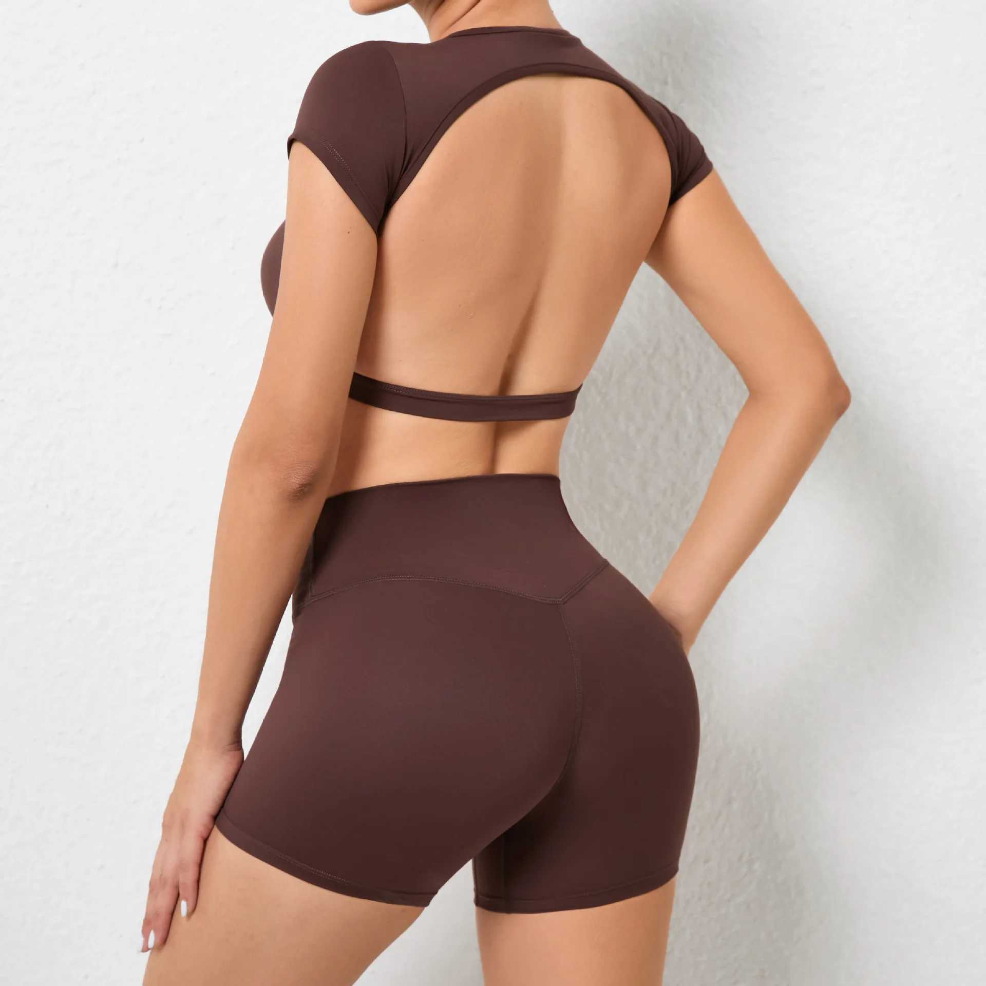 Yoga Sets Workout Sets for Women Clothes 2 Pieces Gym Suits Sports Short Sleeves High Waist Shorts Outfits Fitness RunningXJ250109