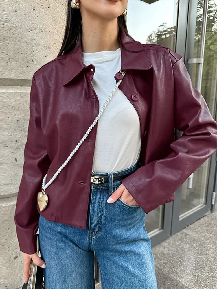 Vintage Burgundy Leather Jacket Street Laple Single Breasted Full Sleeve Lady Coats 2025 Spring Fashion Female Outwears 250103