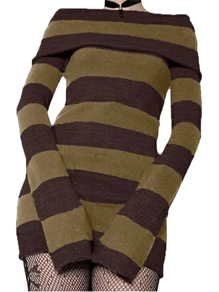 Women Autumn Dress Striped BoatNeck Long Sleeve Bodycon Short Y2K Gothic Wrapped Hip Party Dresses 250106