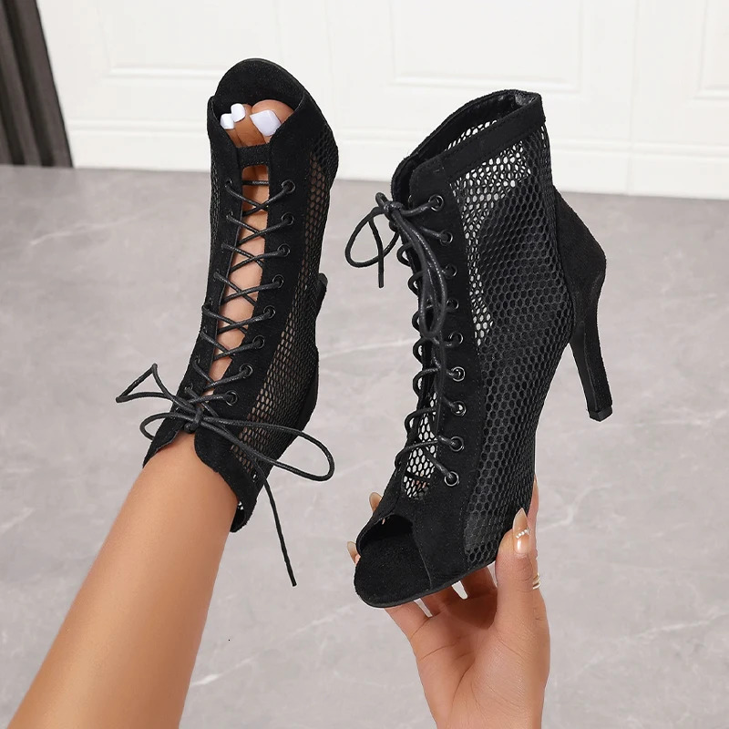 Summer Pupms Women High Top Dance Shoes Ballroom Salsa Tango Sandals Girl Fashion Party Mesh Cutout High Heel Sandalias 250106