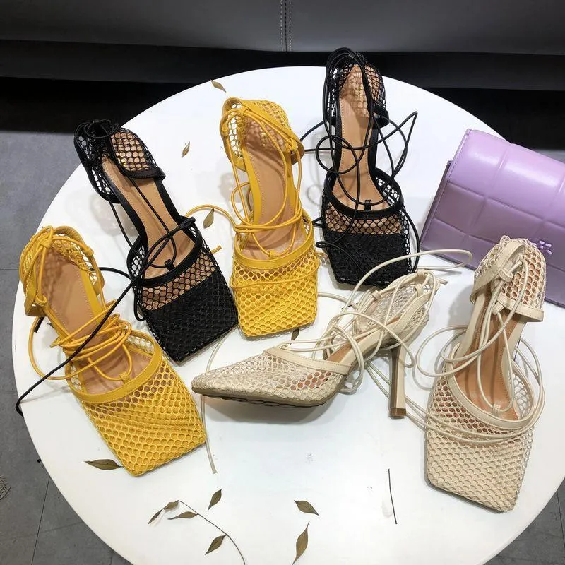 Summer Fashion Women's Square Toe Mesh Sandals Elegant Fishnet Design with 9cm High Heels